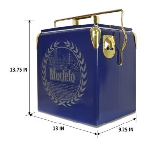 Modelo Retro Ice Chest Cooler with Bottle Opener 13L (14 qt), 18 Can Capacity, Blue and Gold, Vintage Style Ice Bucket for Camping, Beach, Picnic, RV, BBQs, Tailgating, Fishing