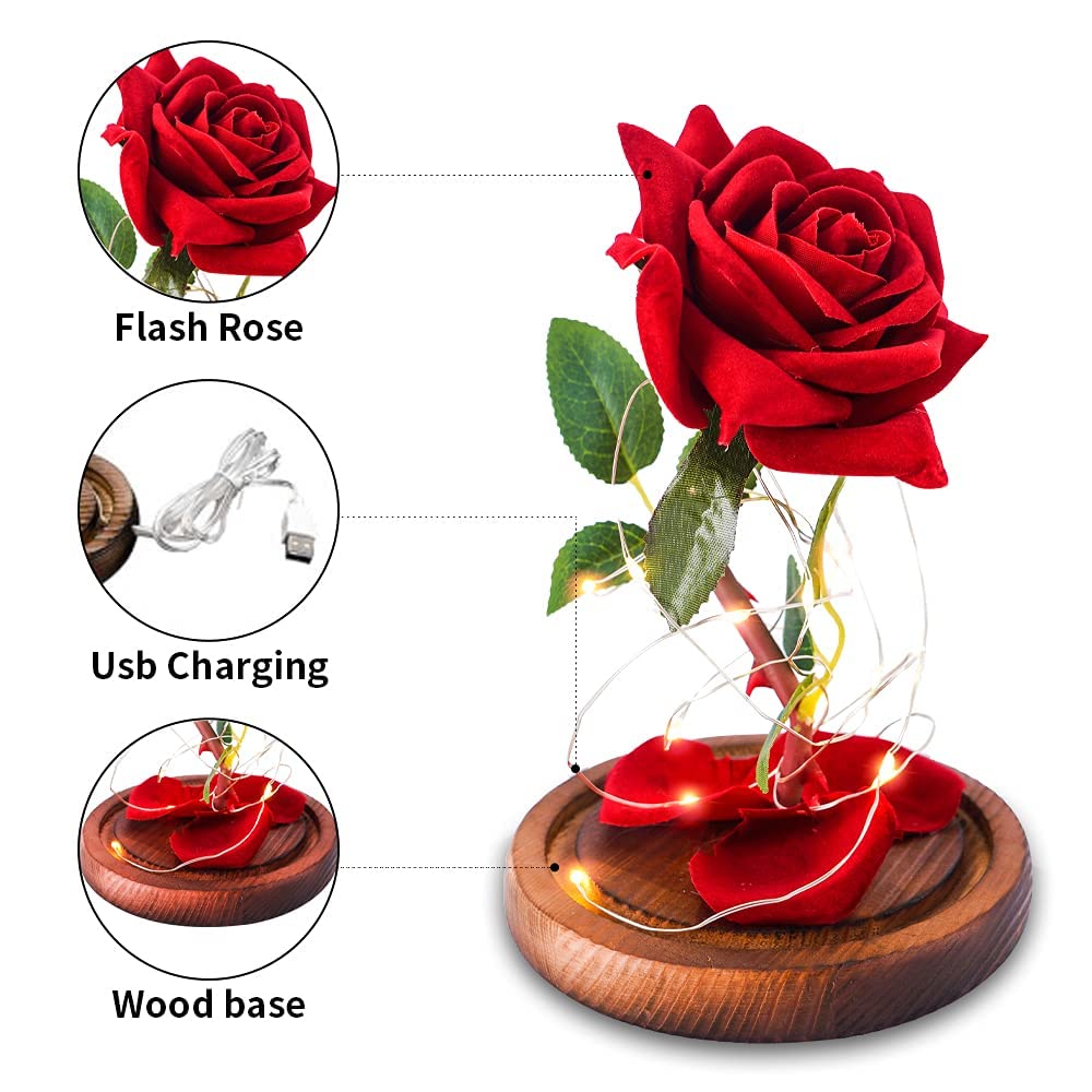 AGGUT Beauty and The Beast Rose,Forever Rose,Artificial Flower Gift Romantic Red Silk Rose,Flower in Glass Dome Women Gifts for Her,Wife,Mom,Valentines,Anniversary