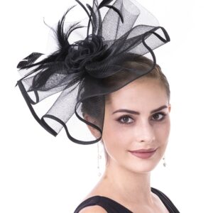 Lucky Leaf Girl Lady Hat Headwear Organza Church Feather Clip Fascinators Hat Wedding Party Kentucky Derby Cap for Women(L-Flowers-Black)