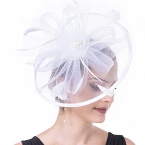 Fascinator Women's Organza Church Kentucky Derby British Bridal Tea Party Wedding Hat Summer Ruffle Hat(Hj6-White)