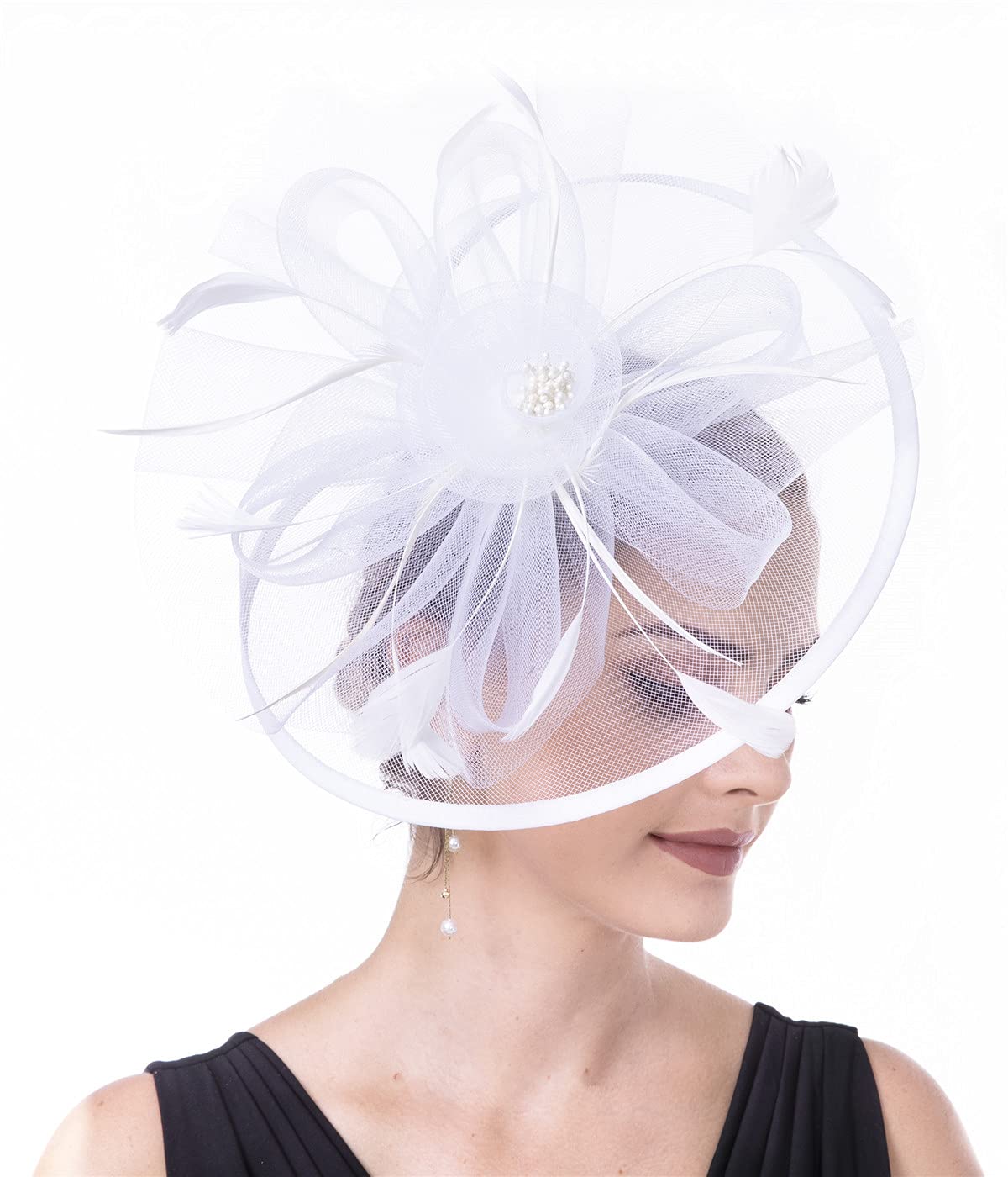 Fascinator Women's Organza Church Kentucky Derby British Bridal Tea Party Wedding Hat Summer Ruffle Hat(Hj6-White)