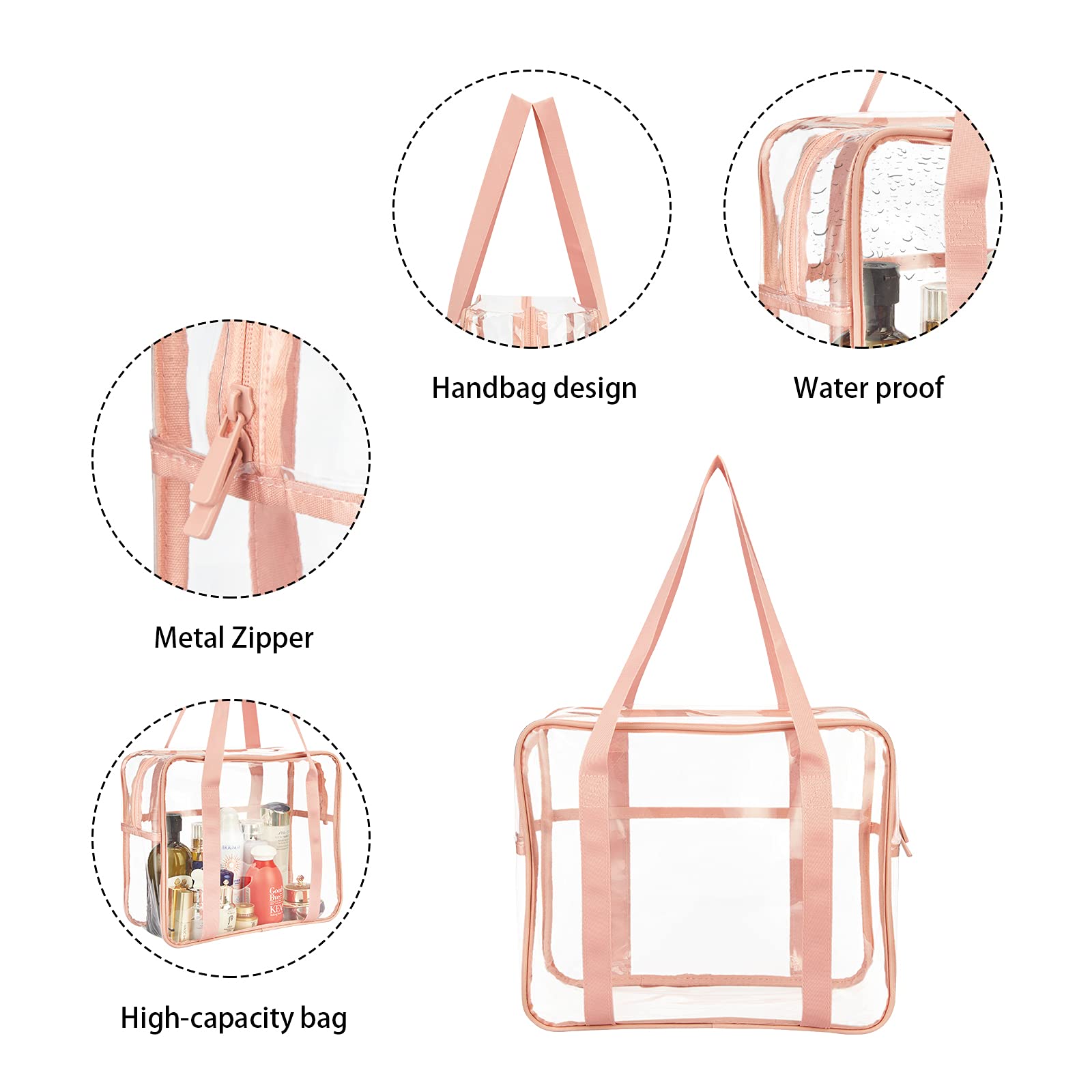 HAOGUAGUA Extra Large Clear Cosmetic Makeup Bag, Transparent PVC Tote Shoulder Bag Stadium Approved, Waterproof Clear Toiletry Carry Pouch Makeup Artist Bag Diaper Bag (Pink)