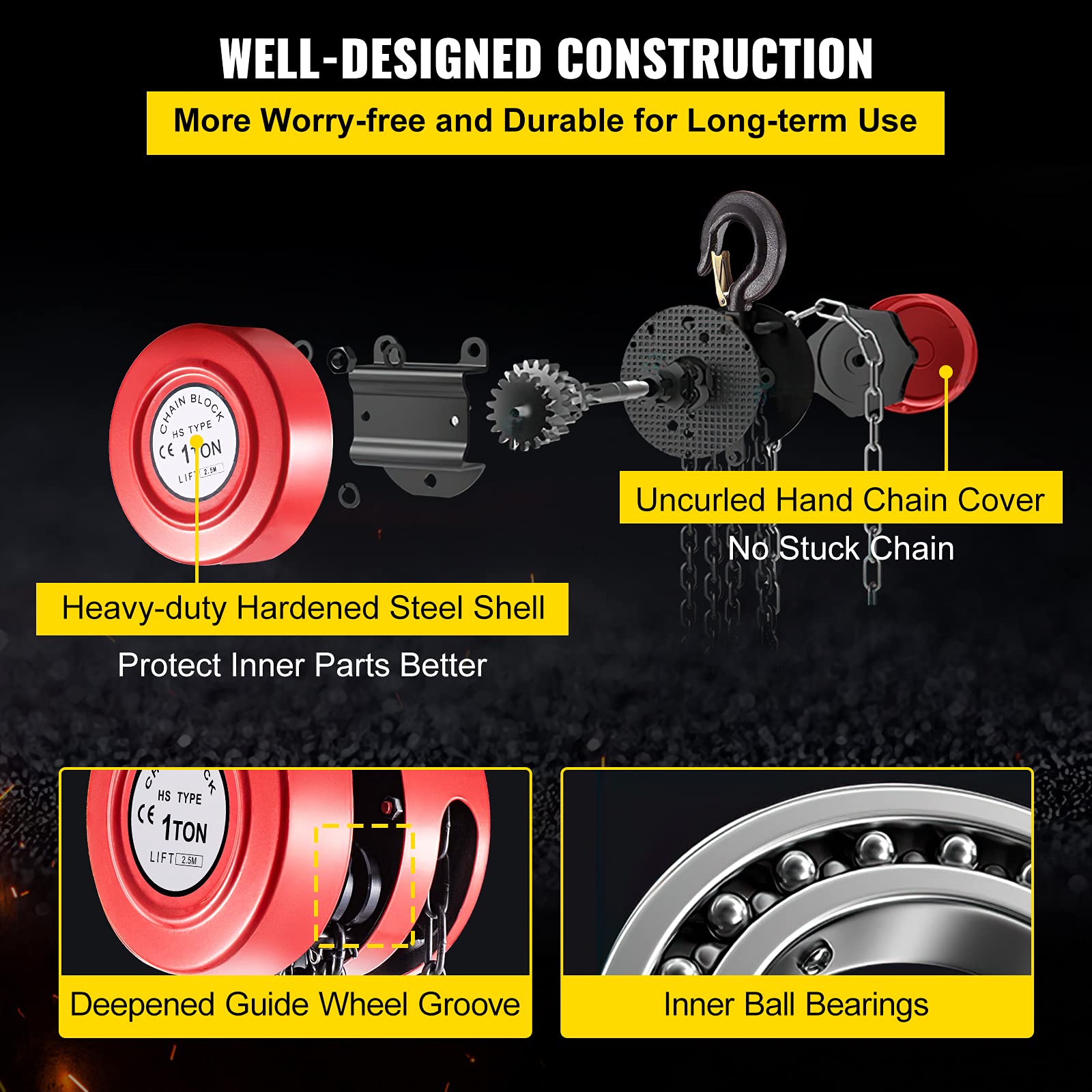 VEVOR Hand Chain Hoist, 2200 lbs /1 Ton Capacity Chain Block, 8ft/2.5m Lift Manual Hand Chain Block, Manual Hoist w/Industrial-Grade Steel Construction for Lifting Good in Transport & Workshop, Red