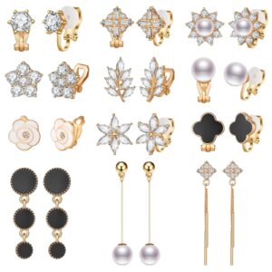 aganippe gold non-piercing earrings set, 12 pairs, dangle & pearl, hypoallergenic, gift box