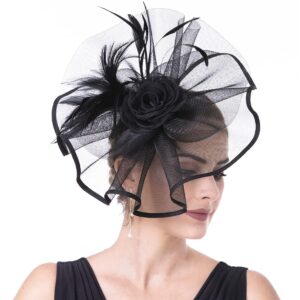 Lucky Leaf Girl Lady Hat Headwear Organza Church Feather Clip Fascinators Hat Wedding Party Kentucky Derby Cap for Women(L-Flowers-Black)