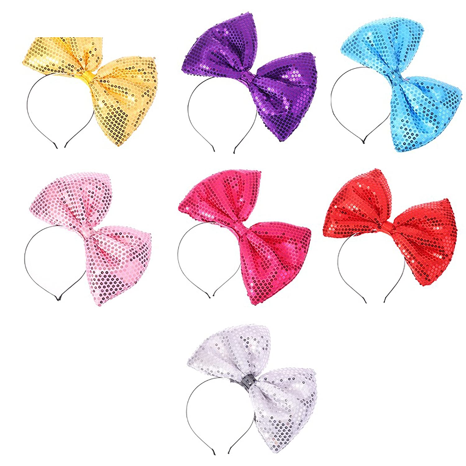 Faylay Women Sequin Big Cloth Bowknot Headband Solid Color Cute Bow Knot Headwear for Cosplay Party (6-MHSLP)