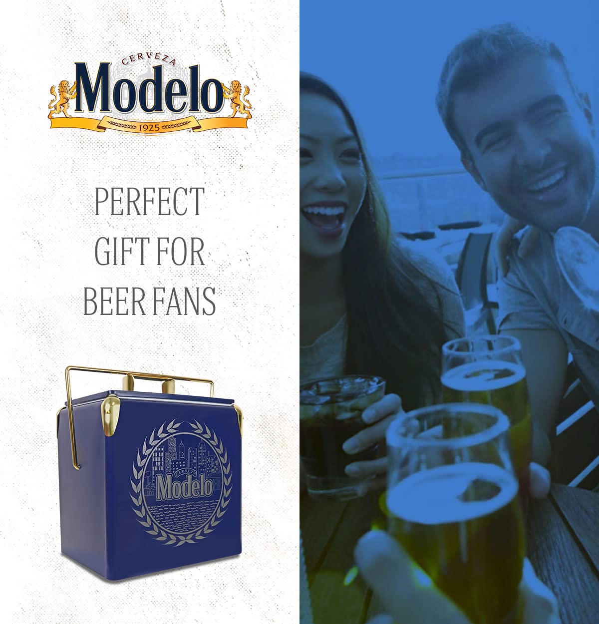 Modelo Retro Ice Chest Cooler with Bottle Opener 13L (14 qt), 18 Can Capacity, Blue and Gold, Vintage Style Ice Bucket for Camping, Beach, Picnic, RV, BBQs, Tailgating, Fishing