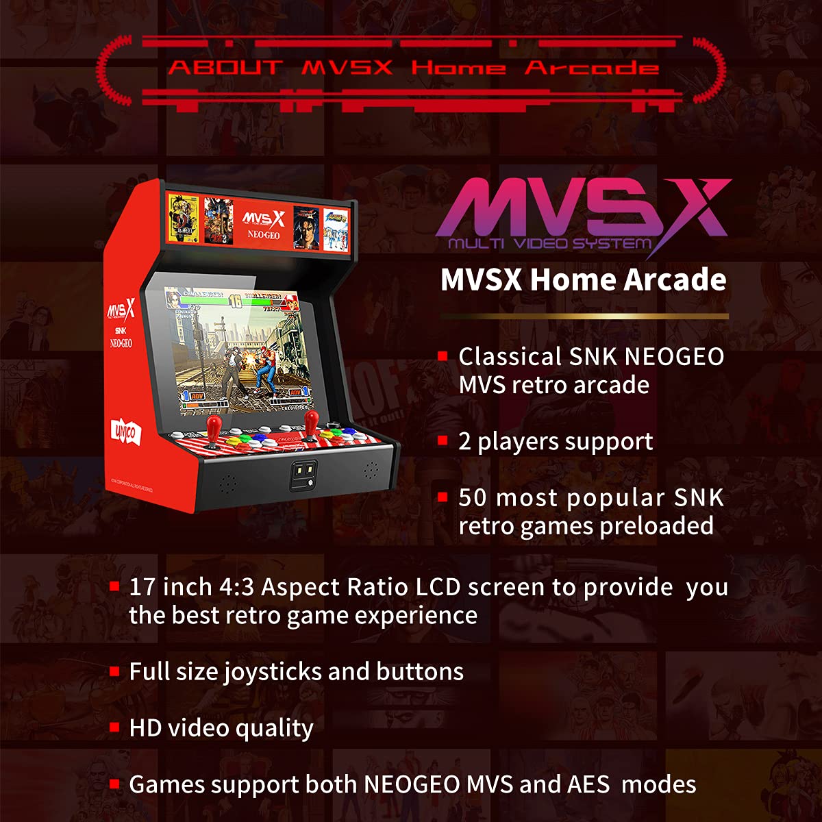 NEOGEO MVSX Arcade and Base with 50 Pre-Loaded SNK Retro Games, 17" Screen Home Entertainment Arcade