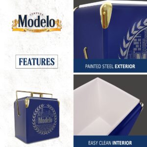 Modelo Retro Ice Chest Cooler with Bottle Opener 13L (14 qt), 18 Can Capacity, Blue and Gold, Vintage Style Ice Bucket for Camping, Beach, Picnic, RV, BBQs, Tailgating, Fishing