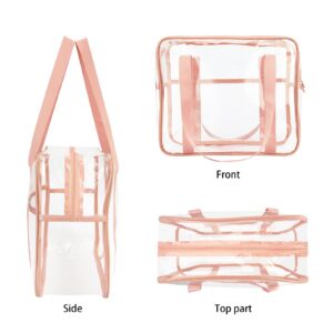 HAOGUAGUA Extra Large Clear Cosmetic Makeup Bag, Transparent PVC Tote Shoulder Bag Stadium Approved, Waterproof Clear Toiletry Carry Pouch Makeup Artist Bag Diaper Bag (Pink)