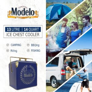 Modelo Retro Ice Chest Cooler with Bottle Opener 13L (14 qt), 18 Can Capacity, Blue and Gold, Vintage Style Ice Bucket for Camping, Beach, Picnic, RV, BBQs, Tailgating, Fishing