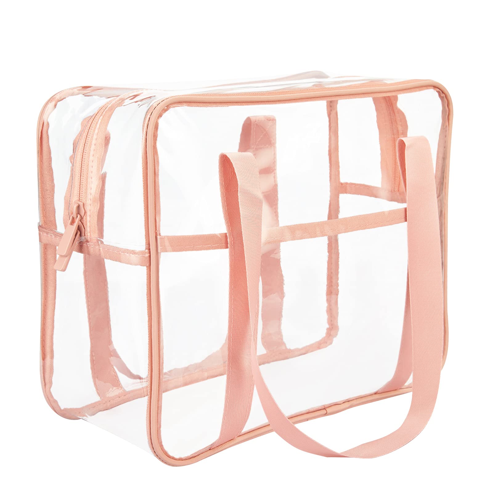 HAOGUAGUA Extra Large Clear Cosmetic Makeup Bag, Transparent PVC Tote Shoulder Bag Stadium Approved, Waterproof Clear Toiletry Carry Pouch Makeup Artist Bag Diaper Bag (Pink)