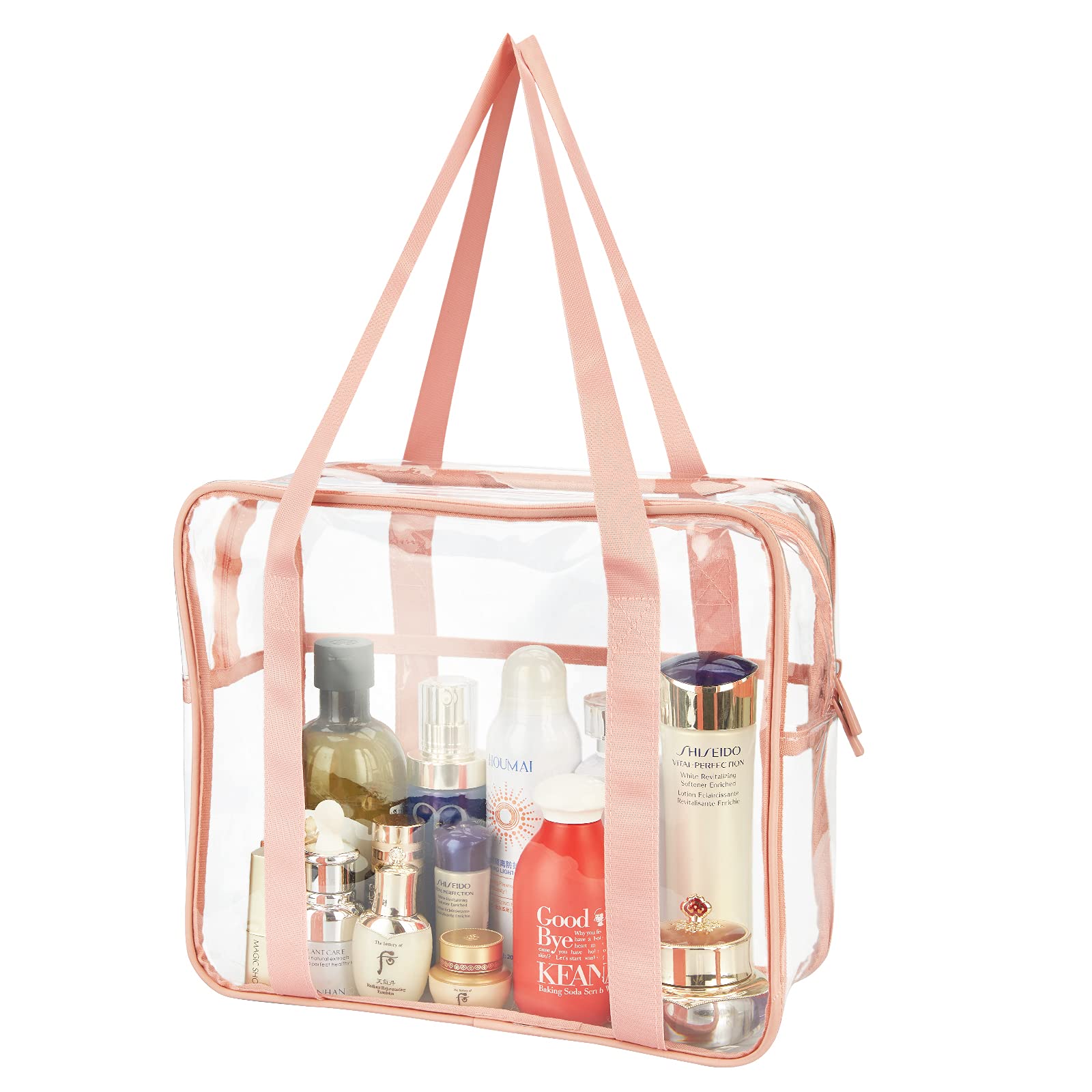 HAOGUAGUA Extra Large Clear Cosmetic Makeup Bag, Transparent PVC Tote Shoulder Bag Stadium Approved, Waterproof Clear Toiletry Carry Pouch Makeup Artist Bag Diaper Bag (Pink)