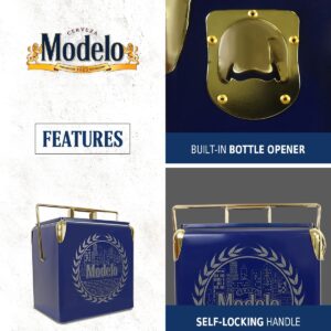 Modelo Retro Ice Chest Cooler with Bottle Opener 13L (14 qt), 18 Can Capacity, Blue and Gold, Vintage Style Ice Bucket for Camping, Beach, Picnic, RV, BBQs, Tailgating, Fishing