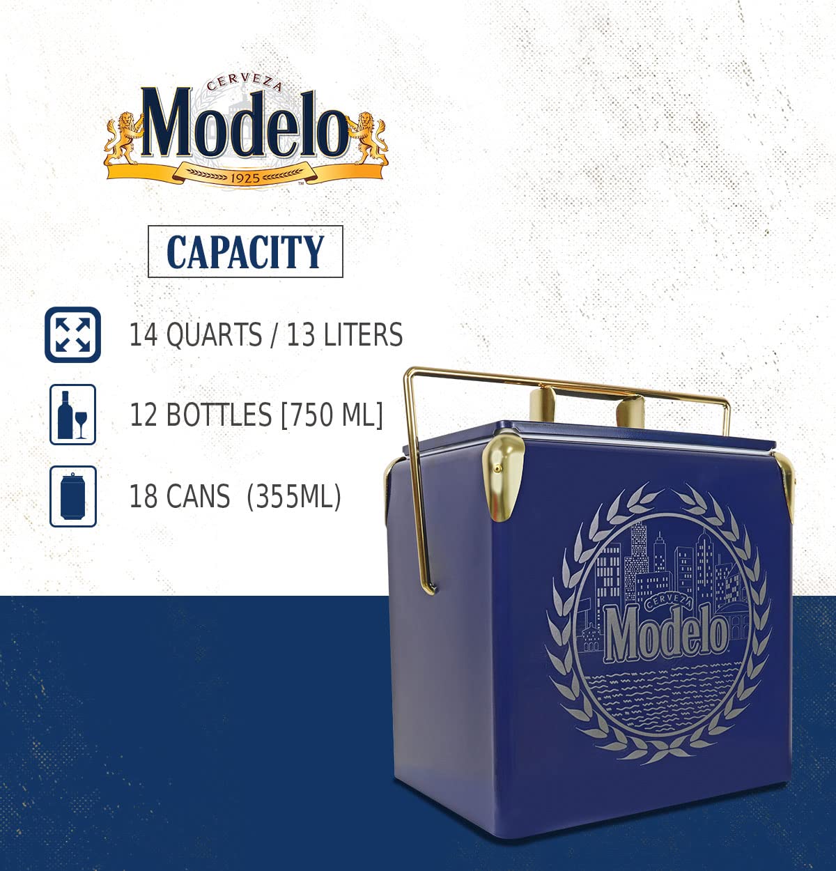 Modelo Retro Ice Chest Cooler with Bottle Opener 13L (14 qt), 18 Can Capacity, Blue and Gold, Vintage Style Ice Bucket for Camping, Beach, Picnic, RV, BBQs, Tailgating, Fishing