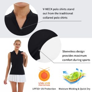 LastFor1 Women's Golf Sleeveless Polo Shirts UPF 50+ V Neck Athletic Tank Tops Outdoor Sports Quick Dry Moisture Wicking Black S