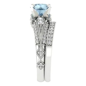 Clara Pucci 2.10ct Round Cut Solitaire Natural Swiss Blue Topaz Engagement Promise Anniversary Bridal Ring Band set 14k White Gold 9.25