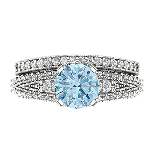 Clara Pucci 2.10ct Round Cut Solitaire Natural Swiss Blue Topaz Engagement Promise Anniversary Bridal Ring Band set 14k White Gold 9.25