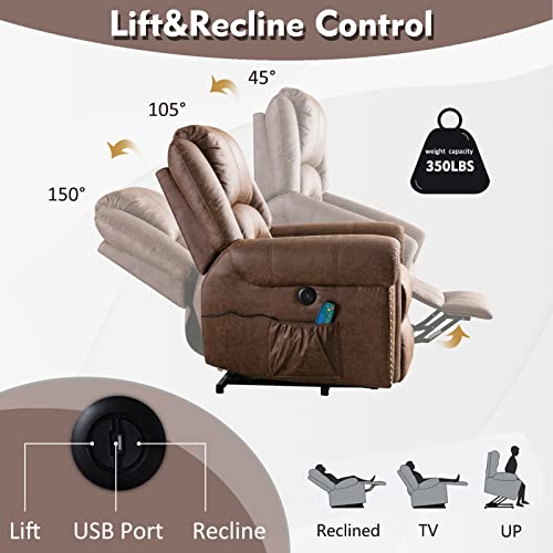 ANJ Large Power Lift Recliner Chairs with Massage and Heat Breathable Faux Leather Electric Lift Chairs for Elderly, Heavy Duty Big Man Recliners Power Reclining Chair with USB Port (Nut Brown)