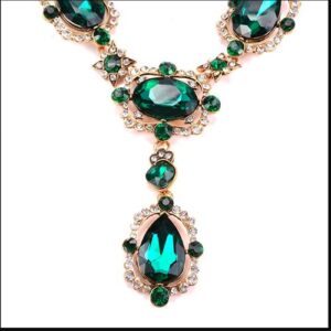 Secret for Longevity Extra Large Victorian Art Deco Antique Retro Vintage Style Gold Tone Dark Green Hunter Emerald Rhinestone Chunky Statement Wedding Bridal Prom Drag Queen Pageant Necklace