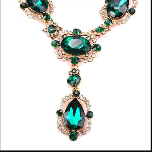 Secret for Longevity Extra Large Victorian Art Deco Antique Retro Vintage Style Gold Tone Dark Green Hunter Emerald Rhinestone Chunky Statement Wedding Bridal Prom Drag Queen Pageant Necklace