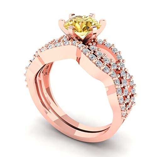 Clara Pucci 1.5 carat Round Shape Halo Solitaire Yellow Moissanite Wedding Anniversary Bridal Engagement Ring Band set 14k Rose Gold 3.5