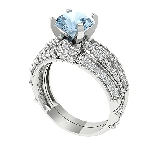 Clara Pucci 2.10ct Round Cut Solitaire Natural Swiss Blue Topaz Engagement Promise Anniversary Bridal Ring Band set 14k White Gold 9.25