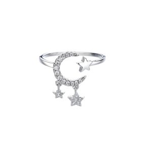 Crescent Moon Star Open Rings for Women Cubic Zirconia Dangle Tassel Adjustable Stacking Statement Knuckle Finger Ring Promise Wedding Promise Gift Anniversary Valentine's Day Fashion Jewelry Gifts Daughter