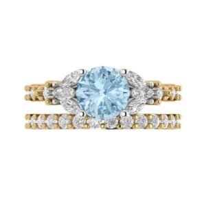 Clara Pucci 2.66 carat Round Cut 3 stone Natural Swiss Blue Topaz Engagement Wedding Anniversary Bridal Ring band set 14k Multi Gold 4.5