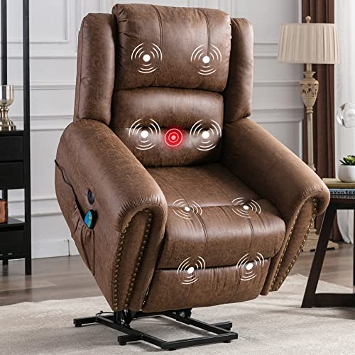 ANJ Large Power Lift Recliner Chairs with Massage and Heat Breathable Faux Leather Electric Lift Chairs for Elderly, Heavy Duty Big Man Recliners Power Reclining Chair with USB Port (Nut Brown)