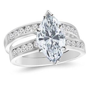 14k white gold 2.25 carat lab grown diamond classic channel set wedding set bridal band & marquise cut diamond engagement ring (d-e color vs1-vs2 clarity 1.5 ct center)