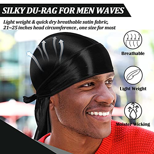 DACKRITO 2 Pieces Silky Durag Pack for Men Women, Premium Satin Doo Rag Headwrap with Long Tail for 360 Waves