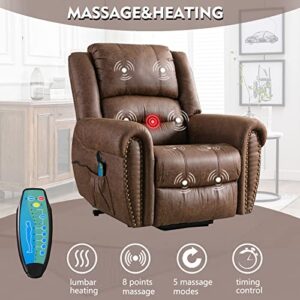 ANJ Large Power Lift Recliner Chairs with Massage and Heat Breathable Faux Leather Electric Lift Chairs for Elderly, Heavy Duty Big Man Recliners Power Reclining Chair with USB Port (Nut Brown)