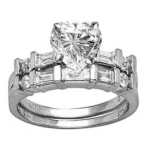 14K White Gold 2.25 Carat LAB GROWN DIAMOND Channel Set Baguette And Round Heart Cut Diamond Engagement Ring Bridal Wedding Set (G-H Color VS1-VS2 Clarity 1.5 Ct Center)