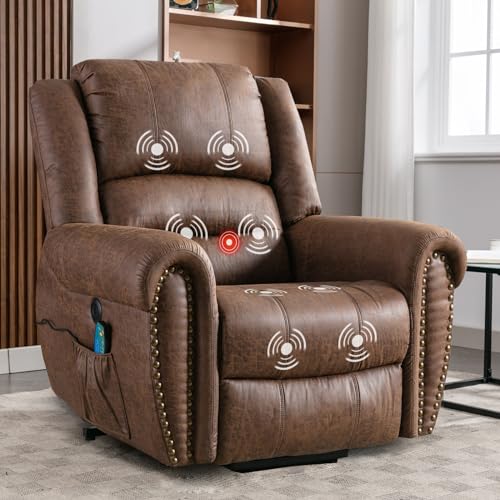 ANJ Large Power Lift Recliner Chairs with Massage and Heat Breathable Faux Leather Electric Lift Chairs for Elderly, Heavy Duty Big Man Recliners Power Reclining Chair with USB Port (Nut Brown)