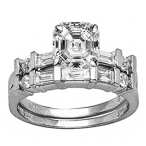 Platinum 3.75 Carat LAB GROWN IGI CERTIFIED DIAMOND Channel Set Baguette And Round Asscher Cut Diamond Engagement Ring Bridal Wedding Set (H-I Color VS1-VS2 Clarity 3 Ct Center)