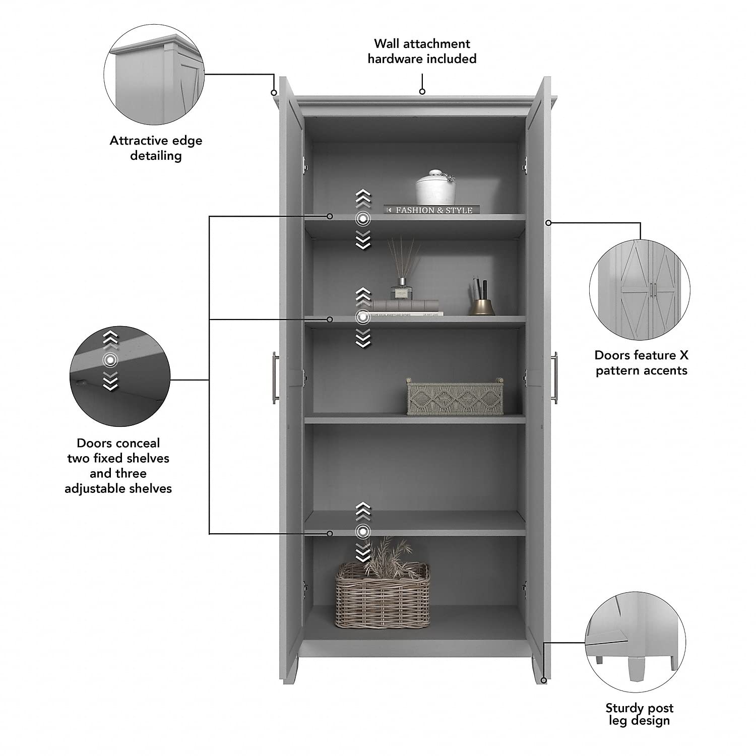 Bush Furniture Key West Tall Storage Cabinet with Doors in Cape Cod Gray