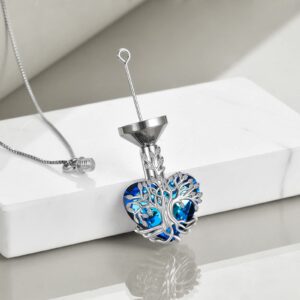 YFN Urn Necklace for Ashes for Women Tree of Life Heart Cremation Jewelry Sterling Silver with Blue Crystal with Funnel Filler Urn Jewelry Gifts for Women