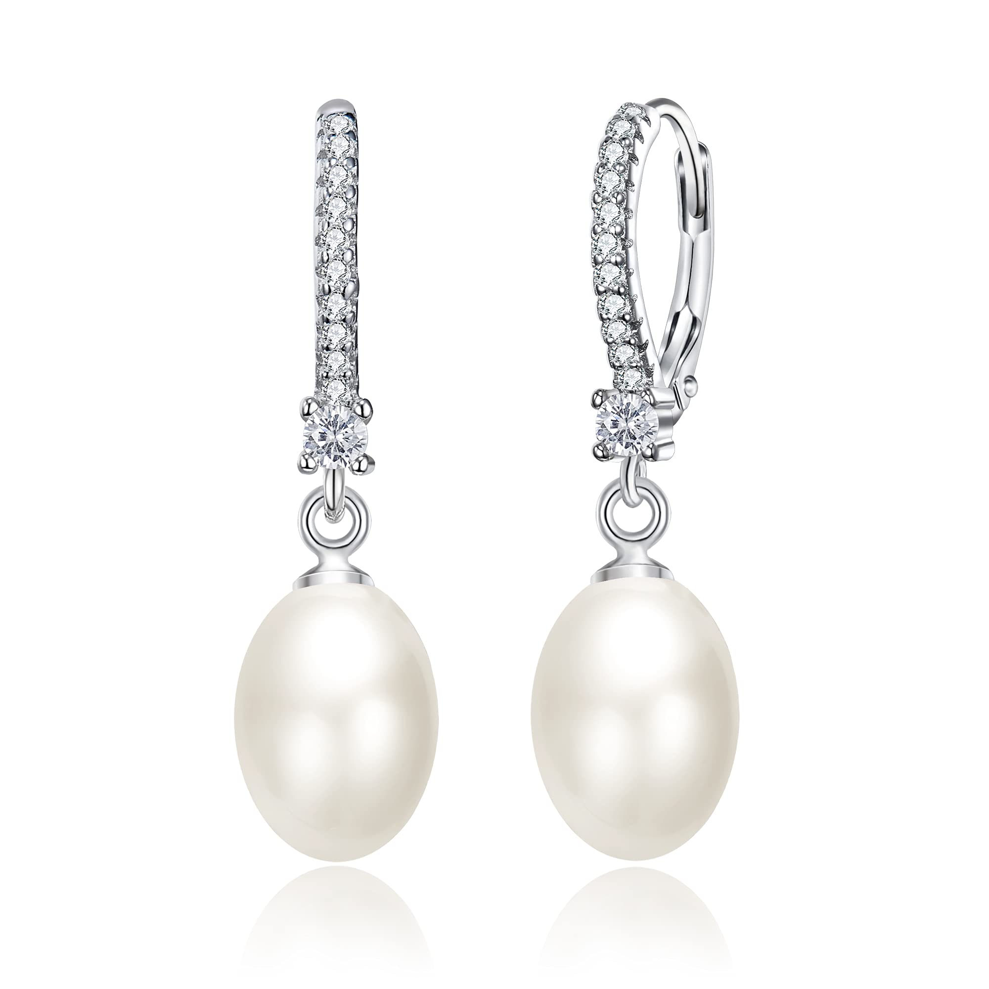 EVER FAITH S925 Simulated Pearl Earrings, White CZ Oval Cream Pearl Wedding Bride Leverback Dangle Earrings Jewelry for Women