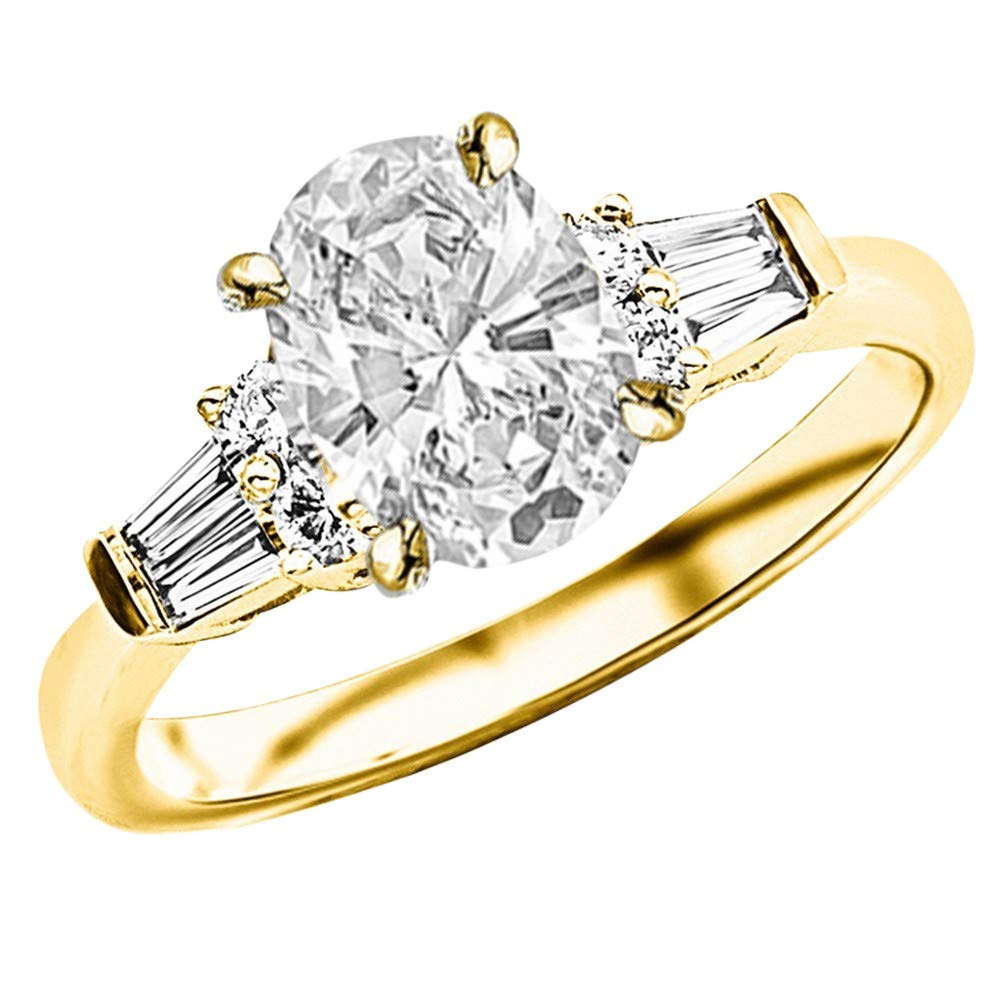 14K Yellow Gold 3 Carat LAB GROWN DIAMOND Prong Set Round And Baguette Oval Cut Diamond Engagement Ring (G-H Color VS1-VS2 Clarity 2.5 Ct Center) Size 8