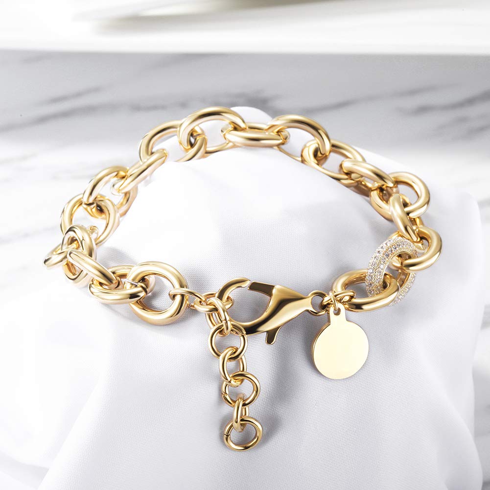 Jinbaoying CZ Wide Cuban Curb Link Bracelets for Women Adjustable Extenders Chunky Bracelet Gold Silver Rose Gold Plated Stainless Steel Link Charm Chain with Round Disc Charm (Small Disc Gold)