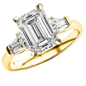 Houston Diamond District - 14K Yellow Gold 1.5 Carat LAB GROWN DIAMOND Prong Set Round And Baguette Emerald Cut Diamond Engagement Ring (G-H Color VS1-VS2 Clarity 1 Ct Center), Size: 7