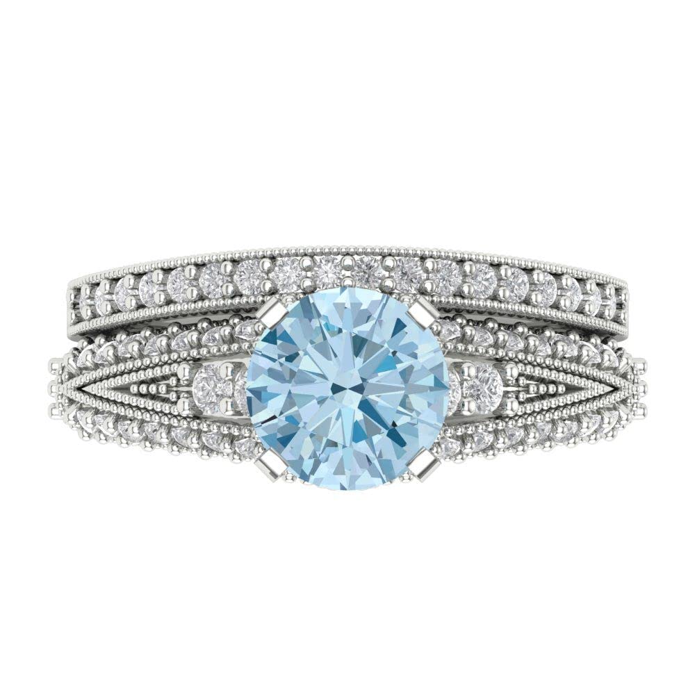 Clara Pucci 2.07ct Round Cut Pave Solitaire with Accent Natural Swiss Blue Topaz Statement Bridal Ring Band Set 14k White Gold 8.5