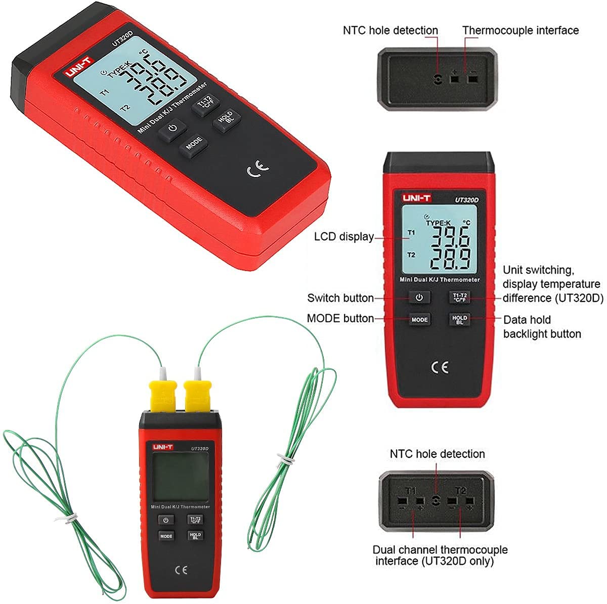 UNI-T K/J Type Thermocouple, Mini Contact Type Dual Channel Thermometer,Minus 58F to 2192F Wide Range Digital Thermometer, Pipe/Radiator/Probe Thermometer Temperature Gauge UT320D