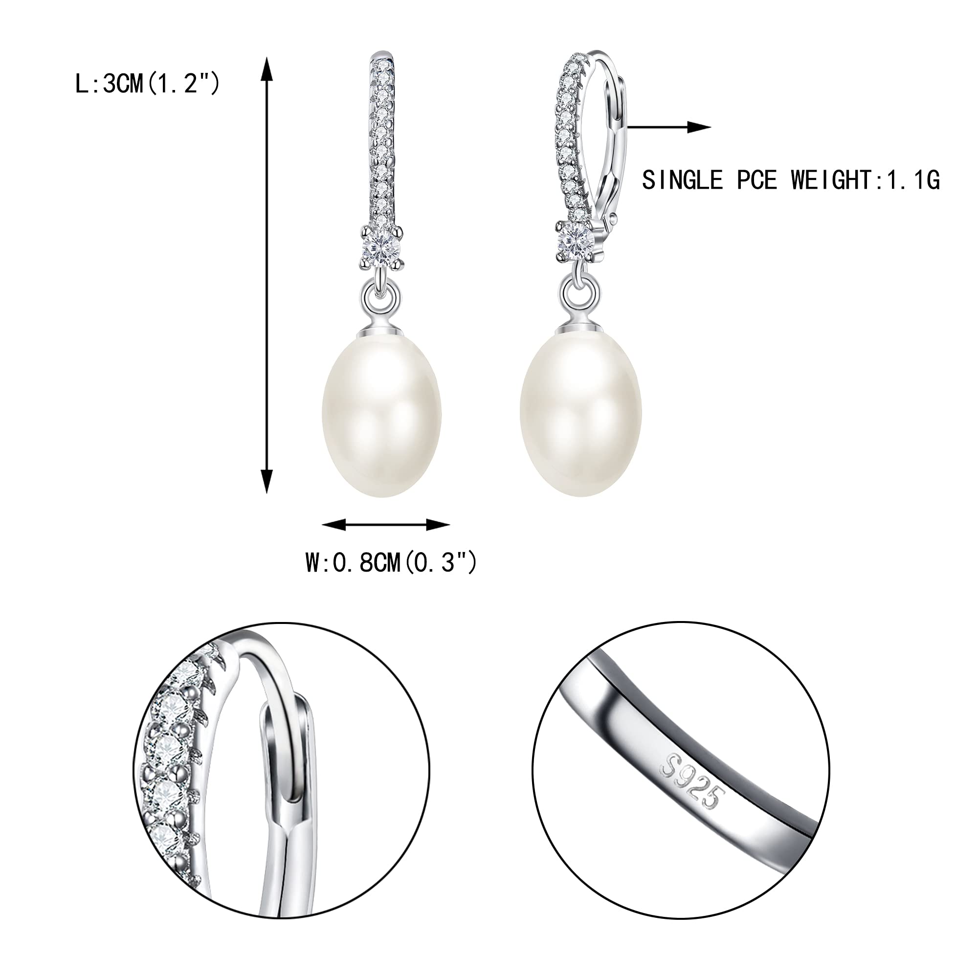 EVER FAITH S925 Simulated Pearl Earrings, White CZ Oval Cream Pearl Wedding Bride Leverback Dangle Earrings Jewelry for Women