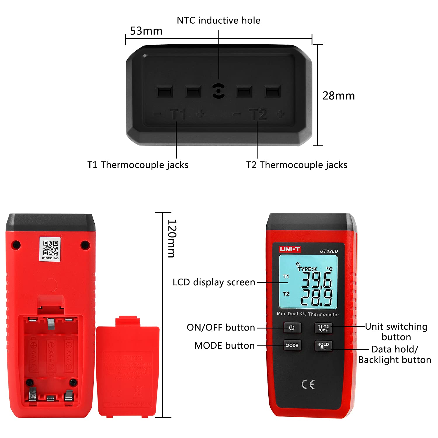 UNI-T K/J Type Thermocouple, Mini Contact Type Dual Channel Thermometer,Minus 58F to 2192F Wide Range Digital Thermometer, Pipe/Radiator/Probe Thermometer Temperature Gauge UT320D