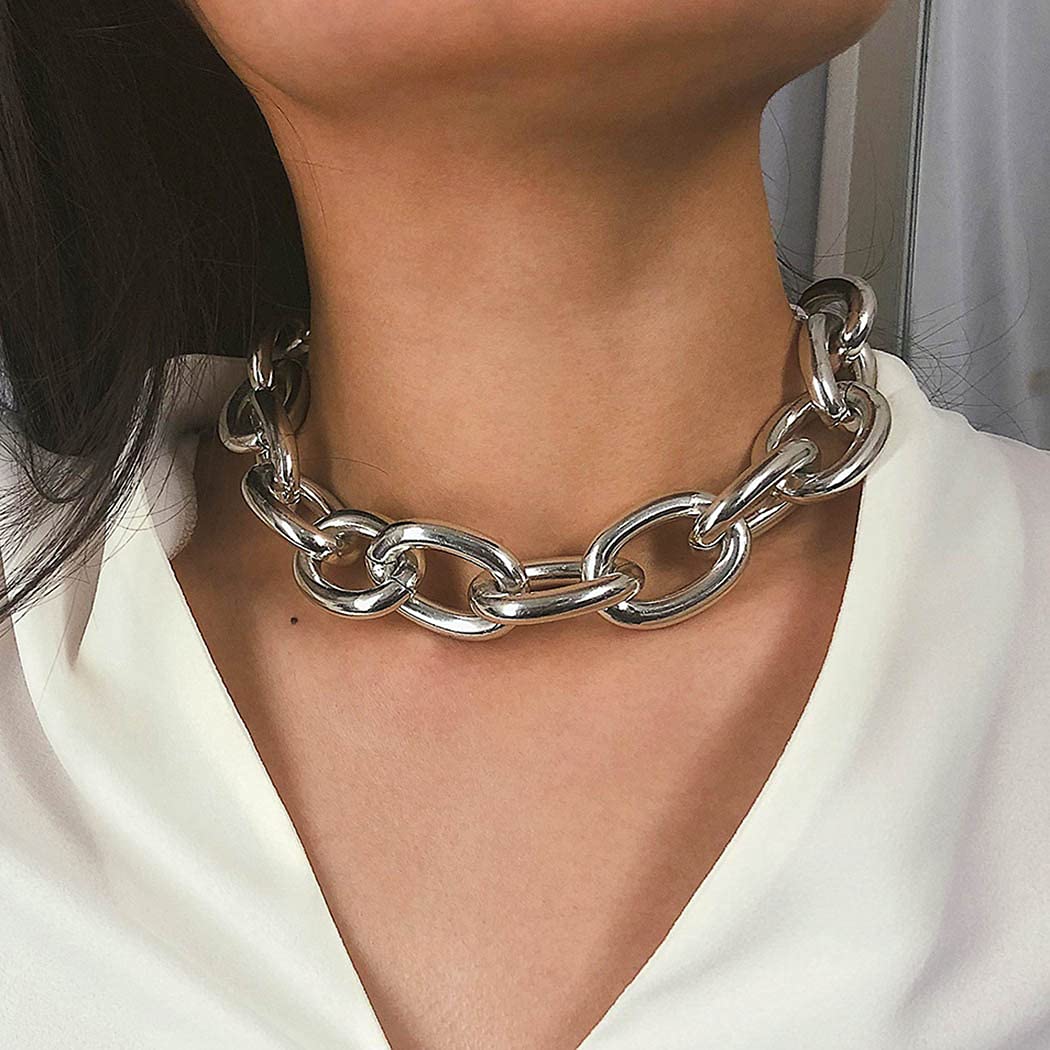 CLOACE Chunky Choker Necklace Silver Cuban Link Chain Necklaces Thick Necklace Chain Punk Jewelry Adjustable for Women and Girls (Silver chain)