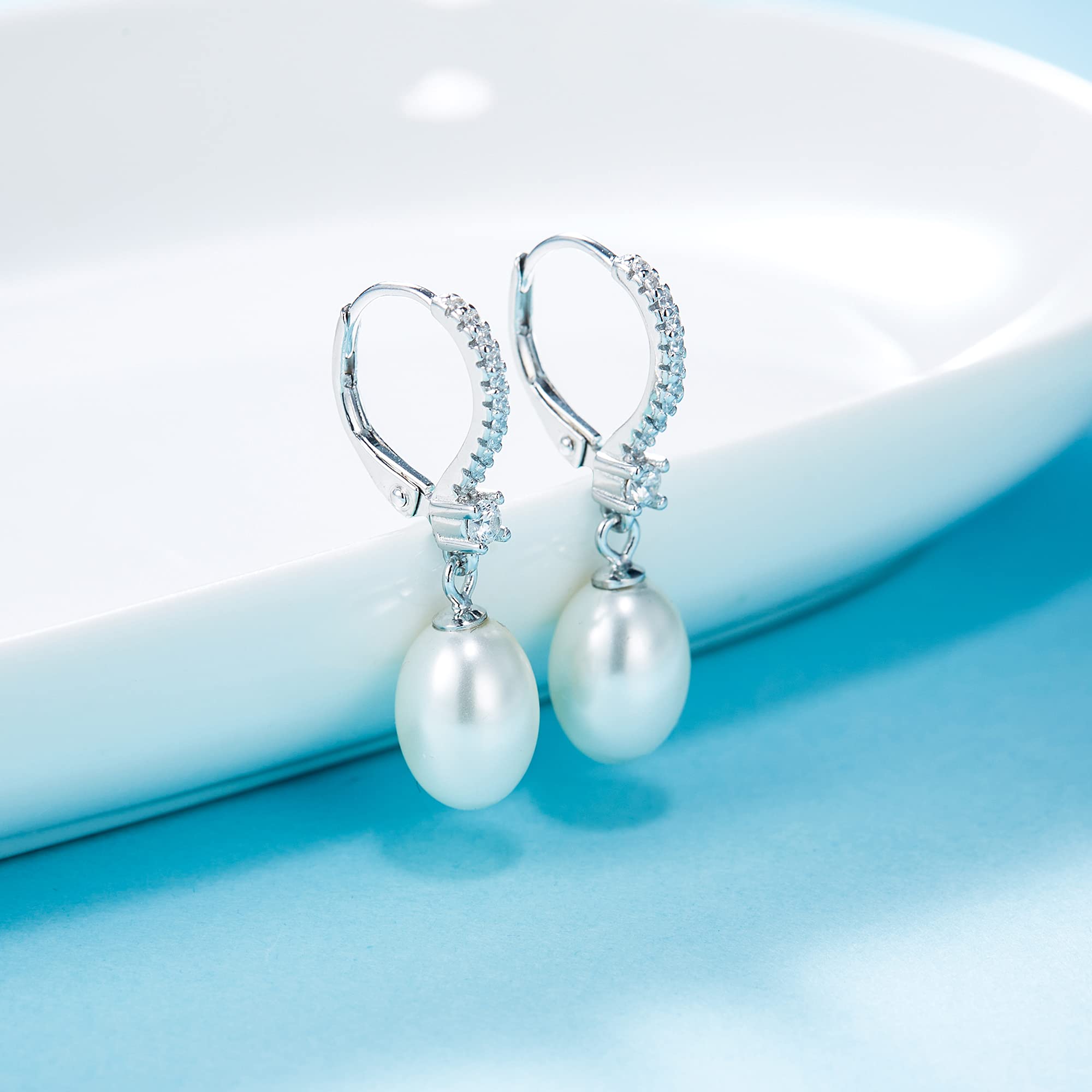 EVER FAITH S925 Simulated Pearl Earrings, White CZ Oval Cream Pearl Wedding Bride Leverback Dangle Earrings Jewelry for Women