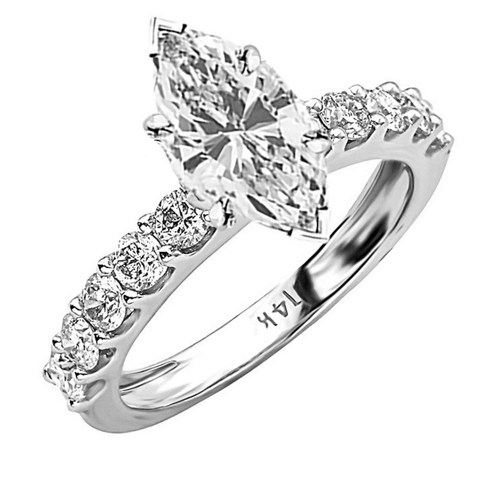 Houston Diamond District - 14K White Gold 3 Carat LAB GROWN DIAMOND Classic Side Stone Prong Set Marquise Cut Diamond Engagement Ring (G-H Color VS2-SI1 Clarity 2 Ct Center), Size: 7.5