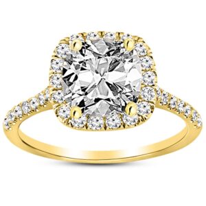 Houston Diamond District 14K Yellow Gold 3 Carat LAB GROWN DIAMOND Halo Cushion Cut Diamond Engagement Ring (G-H Color VS1-VS2 Clarity 2.5 Ct Center) Size 9